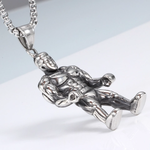 Vintage Stainless Steel Muscle Man Pendant Necklace For Men Fitness Bodybuilder Figure Muscle Pose Box Chain Jewelry