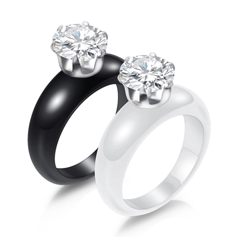 Anillo de Cerámica y Circonia de Moda Minimalista para Mujer Circonia de Corte Redondo Brillante Engaste de Garras Joyas Elegantes Regalo