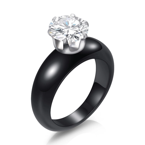 Anillo de Cerámica y Circonia de Moda Minimalista para Mujer Circonia de Corte Redondo Brillante Engaste de Garras Joyas Elegantes Regalo