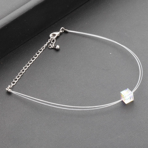 Minimalist Invisible Fish Line Necklace With Aurora Borealis Cube Crystal Pendant Iridescent Accessory For Women Jewelry