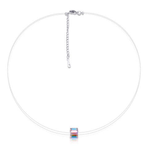 Minimalist Floating Invisible Fishing Line Necklace With Aurora AB Crystal Cube Pendant Copper Clavicle Chain For Women