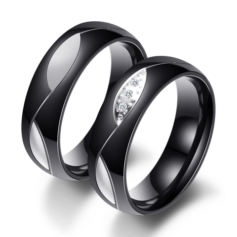Anillo de Pareja Minimalista de Acero Inoxidable 304 Con Patrón de Hoja Zirconia Incrustada Negro Plata Joyería de Moda Hombre Mujer Regalo San Valentín