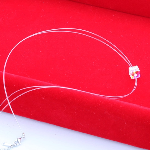 Minimalist Floating Invisible Fishing Line Necklace With Aurora AB Crystal Cube Pendant Copper Clavicle Chain For Women