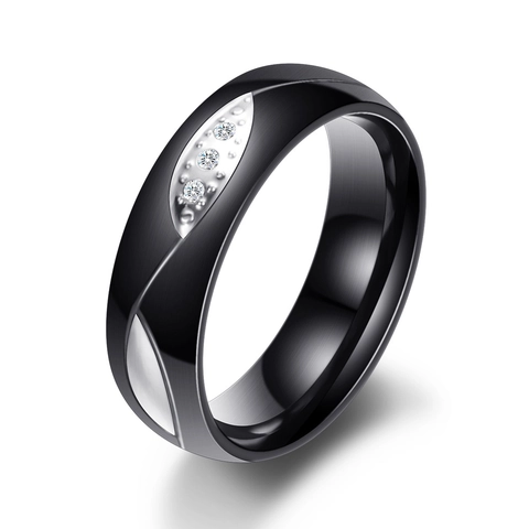 Anillo de Pareja Minimalista de Acero Inoxidable 304 Con Patrón de Hoja Zirconia Incrustada Negro Plata Joyería de Moda Hombre Mujer Regalo San Valentín