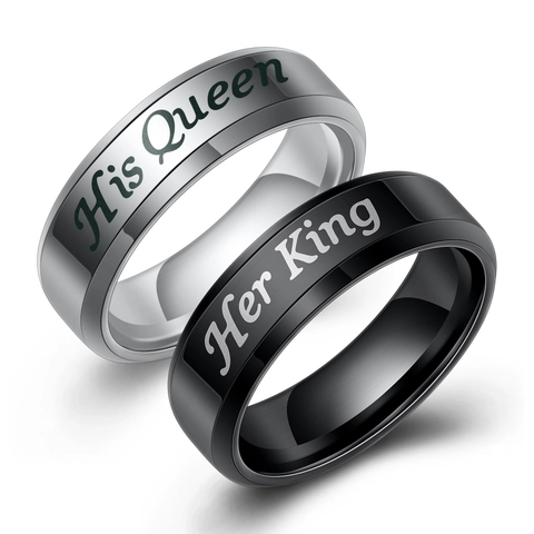 Ensemble de Bagues de Couple en Acier Inoxydable Gravé His Queen Her King Bord Biseauté pour Amoureux Bijoux Cadeau