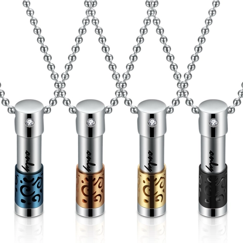 Edelstahl Zylinder Parfümflasche Halskette Für Damen Herren Hohl Filigran Gravierte Urne Anhänger Aromatherapie Ätherisches Öl Schmuck