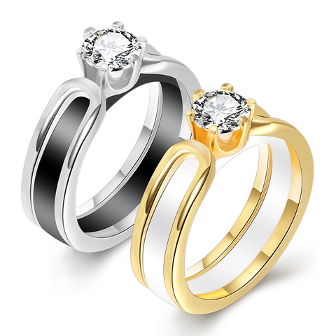 Fashion Ceramic Copper Ring With Zirconia Inlay Double Layer Hollow Geometric Round Stone Wedding Band For Women Jewelry