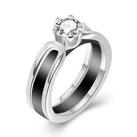 Fashion Ceramic Copper Ring With Zirconia Inlay Double Layer Hollow Geometric Round Stone Wedding Band For Women Jewelry