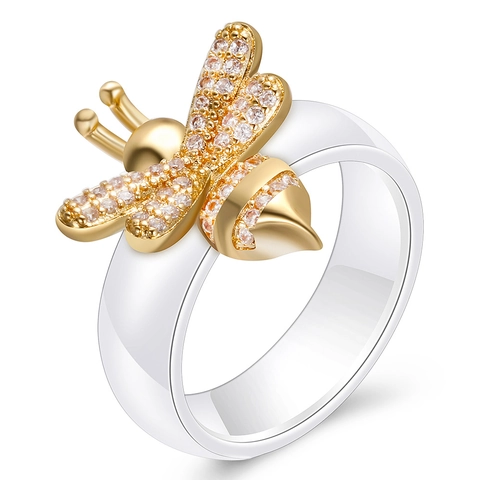 Eleganter Keramikring Mit Mikroeingelegter Zirkonia Goldbiene Dekoration Mode Band Für Damen Vielseitiges Schmuckzubehör