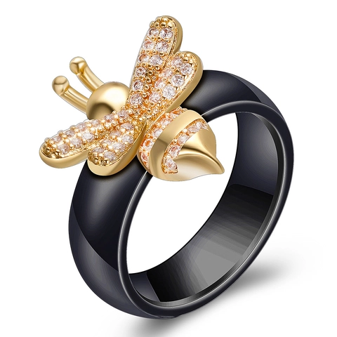 Eleganter Keramikring Mit Mikroeingelegter Zirkonia Goldbiene Dekoration Mode Band Für Damen Vielseitiges Schmuckzubehör
