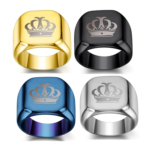 Herren Krone Graviert Edelstahl Siegelring Vintage Punk Hip Hop Quadratisch Flach Top Band Ring Schmuck Geschenk