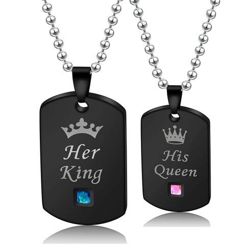 Stainless Steel Dog Tag Necklace For Couples Her King His Queen Crown Pendant Square Zirconia Inlaid Ball Chain Jewelry Gift