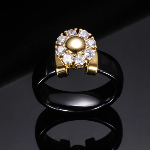 Modern Ceramic Flower Zirconia Ring Minimalist Geometric Inlaid White Black Ceramic Bands For Women Valentine Day Jewelry Gift