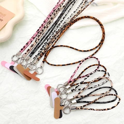 Leopard Print Phone Lanyard PU Leather Crossbody Chain Wrist Strap Anti-lost Charm With Metal Ring Gasket For Women Accessory