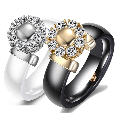 Modern Ceramic Flower Zirconia Ring Minimalist Geometric Inlaid White Black Ceramic Bands For Women Valentine Day Jewelry Gift