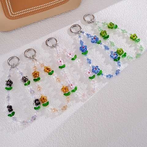 Handmade Glass Beaded Flower Phone Chain Wrist Strap Bag Charm Anti-lost Lanyard Women Fashion Decoration Accessory