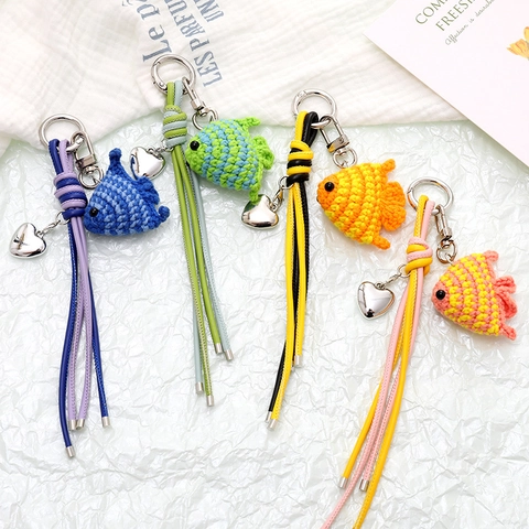 Handmade Crochet Small Fish Bag Charm Keychain With Heart Pendant And Leather Cord Versatile Hanging Ornament For Women