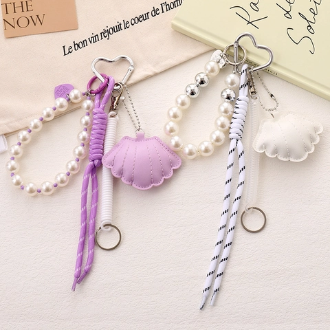 Llavero de Cuentas de Moda Lazo Concha Colgante de Bolso para Mujer Hebilla de Corazón Cuerda Tejida Accesorio de Cadena de Teléfono