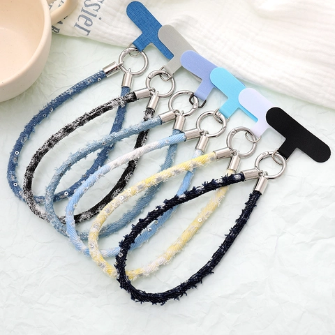 Mode Denim Pailletten Handyband Anti-Verlust Handgelenk Schlüsselanhänger Geflochtene Handykette Für Damen Handtaschen Zubehör