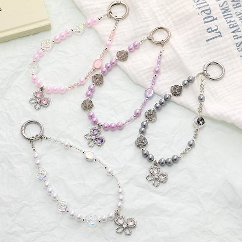 Elegante Rose Künstliche Perle Perlen Telefonkette Schmetterling Anhänger Tasche Charm Für Damen Handgefertigte Mode Schmuck Dekoration