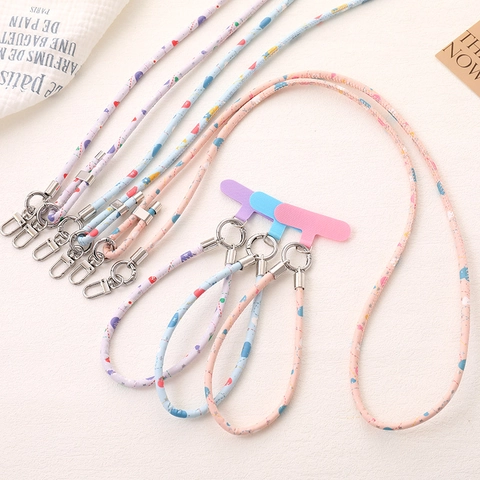 Floral Printed PU Leather Phone Strap Crossbody Lanyard Wrist Hanging Chain With Metal Hook For Handbag Women Accessories