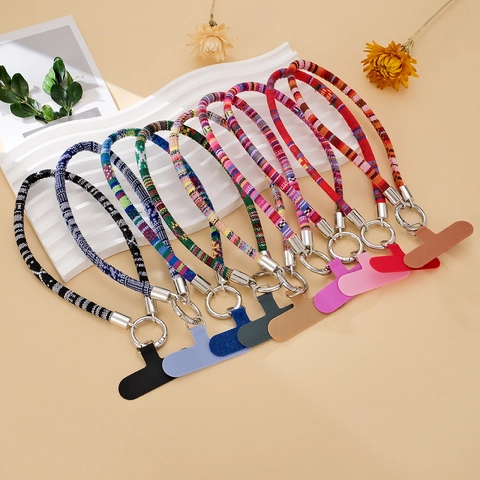 Bohemian Ethnic Style Woven Phone Wrist Strap Anti-Lost Braided Mobile Phone Lanyard With Metal Ring And Universal Connector Pad