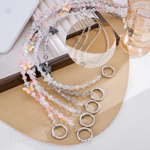 Luxury Alloy Butterfly Beaded Crossbody Phone Strap Long Bag Charm Fashion Glaze Beads Mobile Phone Chain Jewelry Accessory