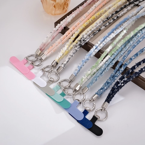 Cordón de Teléfono de Mezclilla con Lentejuelas Cadena Cruzada con Hebilla de Metal Parche Universal para Mujer