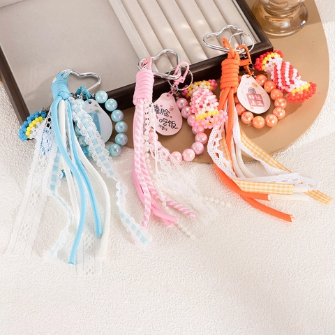 Handmade Woven Candy Bag Charm Acrylic Artificial Pearl Lace Ribbon Keychain Individual Bag Pendant For Women Trendy Heart Ring Accessory