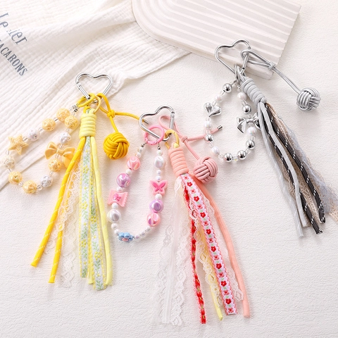 Handmade Candy Color Lace Ribbon Beaded Heart Buckle Woven Ball Bag Pendant Keychain For Women Phone Charm Decoration