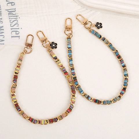 Elegant Woven Cloth Aluminum Chain Bag Charm For Women Hand Strap Phone Lanyard With Rhinestone Camellia Pendant Decorative Accessories