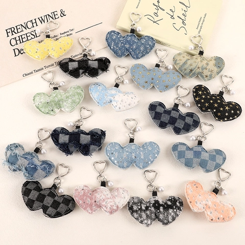 Fashion Denim Cloth Heart Shaped Keychain Sequin Star Checkered Pattern Bag Pendant With Metal Clasp Faux Artificial Pearl Accessory