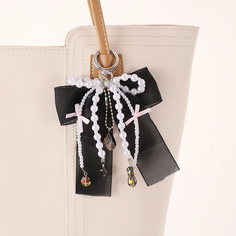 Pendentif de Sac Nœud en Ruban de Satin Style Coréen avec Chaînes de Künstliche Perles Élégant Porte-clés pour Sacs à Main Femme