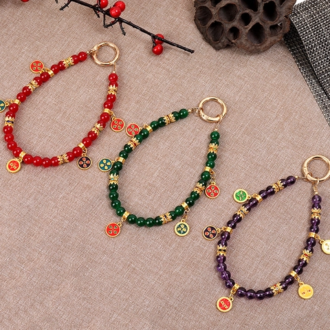 Chinese Style Five Wealth Gods Alloy Pendant Keychain Beaded Phone Charm Strap For Bag Wallet Ethnic Retro Gift For Women