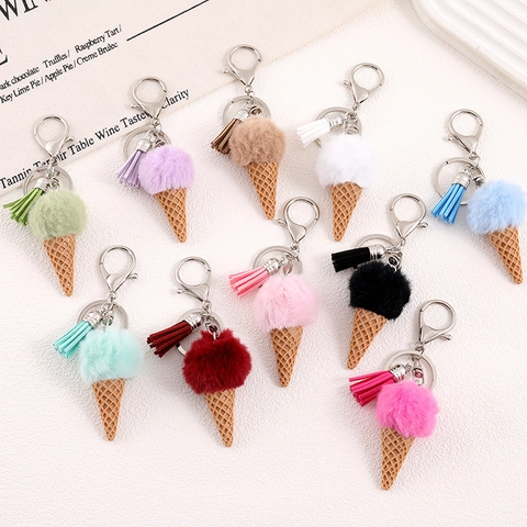 Sweet Ice Cream Pom Pom Keychain With Tassel Faux Fur Ball Bag Charm Dessert Pendant For Backpack Handbag Women Girls Accessory