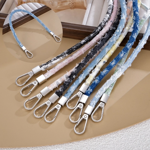 Fashion Denim Sequin Bag Charm Strap Handle For Handbags Luxury Gradient Jeans Fabric Phone Lanyard Keychain Accessories