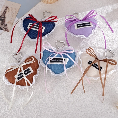 Ciondolo per Borsa a Cuore in Denim Dolce Coreano Con Fiocco in Nastro di Pizzo Bianco Portachiavi a Cuore Gioielli da Donna