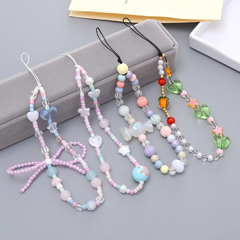 Kleurrijke Kralen Telefoon Lanyard Charm Strap Zoet Hart Ster Strik Acryl Kunstparel Telefoon Ketting Decoratie Voor Vrouwen