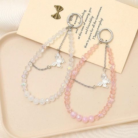 Kristall Perlen Schmetterling Schlüsselanhänger Doppel Kette Tasche Charm Mode Handy Lanyard Elegante Anhänger Damen Schmuck Zubehör