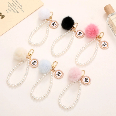 Elegant Artificial Pearl Faux Fur Ball Keychain Women Bag Pendant Bow Number Five Round Charm Gold Plated Lobster Clasp
