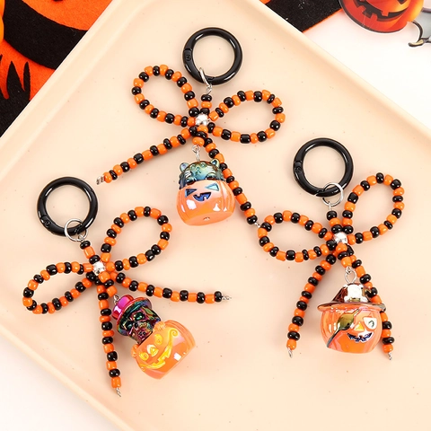 Halloween Beaded Keychain Pumpkin Skull Bow Bag Pendant Witch Hat Ghost Pirate Jack-O-Lantern Festive Accessory For Women