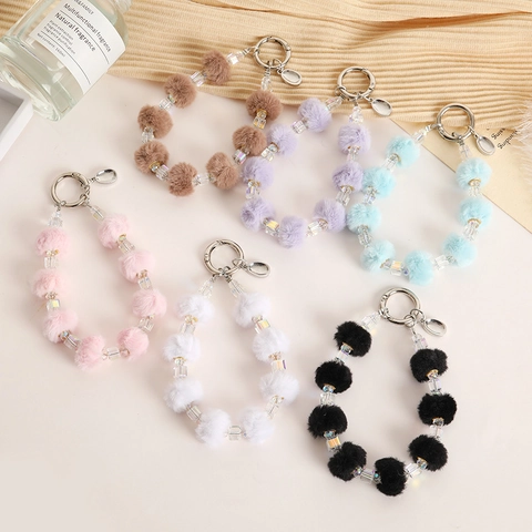 Faux Pelz Ball Kristall Perle Schlüsselanhänger Für Damen Süße Plüsch Ball Tasche Charme Telefon Lanyard Mode Accessoires