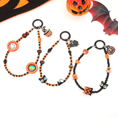 Halloween Beaded Wristlet Keychain For Women Orange Black Beaded Phone Strap With Pumpkin Ghost Skull Charms For Party Bags