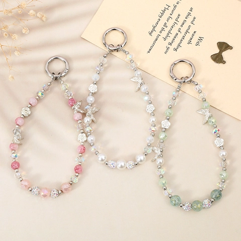 Fashion Beaded Phone Lanyard Wrist Strap Crystal Butterfly Rose Flower Charm Keychain For Women Bag Decor Jewelry Gift
