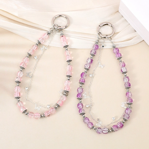 Portachiavi con Perline di Vetro Effetto Ghiaccio e Farfalla Catena in Metallo Pendente per Borsa Telefono Accessorio Donna