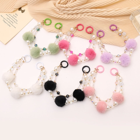 Plush Ball Artificial Pearl Beaded Hand Strap Phone Lanyard Double Chain Bag Charm Keychain For Women Girls Accessories