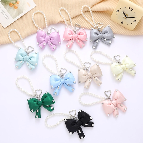 Elegant Satin Ribbon Bow Keychain With Faux Artificial Pearl Chain Rhinestone Heart Buckle Bag Pendant Women Phone Lanyard Charm