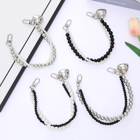 Ciondolo Portachiavi Cuore Perle Artificiali Doppio Strato Stile Coreano Ins Cinturino Borsa Ciondolo Cellulare Anti-Smarrimento Donna
