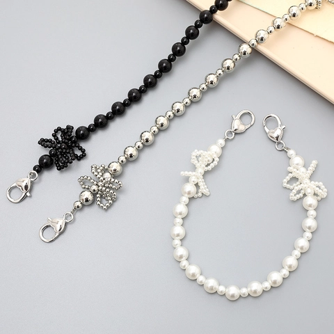 Fashion Beaded Phone Lanyard Artificial Pearl Bowknot Butterfly Keychain Heart Lobster Clasp Bag Charm For Women Wrist Strap Accessory