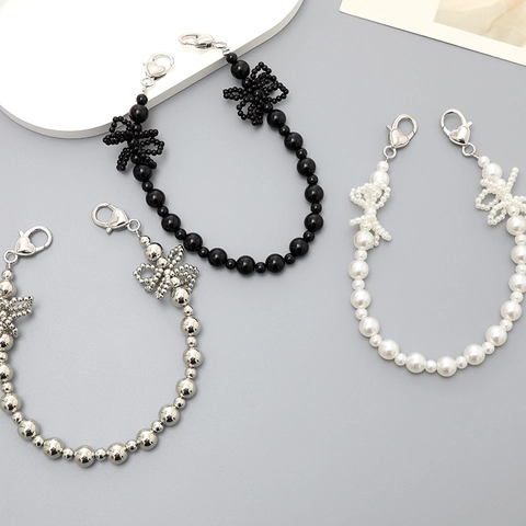 Fashion Beaded Phone Lanyard Artificial Pearl Bowknot Butterfly Keychain Heart Lobster Clasp Bag Charm For Women Wrist Strap Accessory
